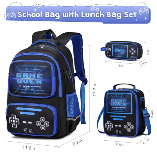 ACESAK Gamer Backpack for Boys - Cool Luminous School Backpack for Boys with Lunch Bag Pencil Case - Kids Elementary Middle School Book Bags for Teen with USB Charging Port (Black - Image 2