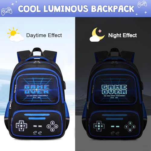 ACESAK Gamer Backpack for Boys - Cool Luminous School Backpack for Boys with Lunch Bag Pencil Case - Kids Elementary Middle School Book Bags for Teen with USB Charging Port (Black - Image 3