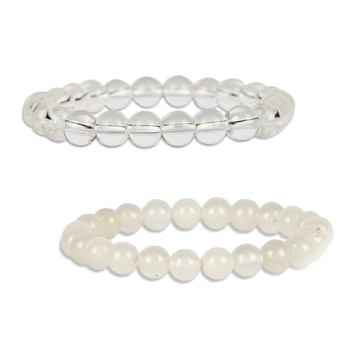 GEMSMANTRA Natural Rock Crystal & Moonstone Stretchable Combo Crystal Bracelet | Lab Certified 8mm Round Cut Beads | Unisex Healing Bracelet for Men & Women | Promotes Strength, Luck & Prosperity - Image 3