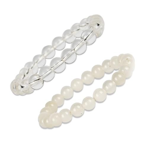 GEMSMANTRA Natural Rock Crystal & Moonstone Stretchable Combo Crystal Bracelet | Lab Certified 8mm Round Cut Beads | Unisex Healing Bracelet for Men & Women | Promotes Strength, Luck & Prosperity - Image 1