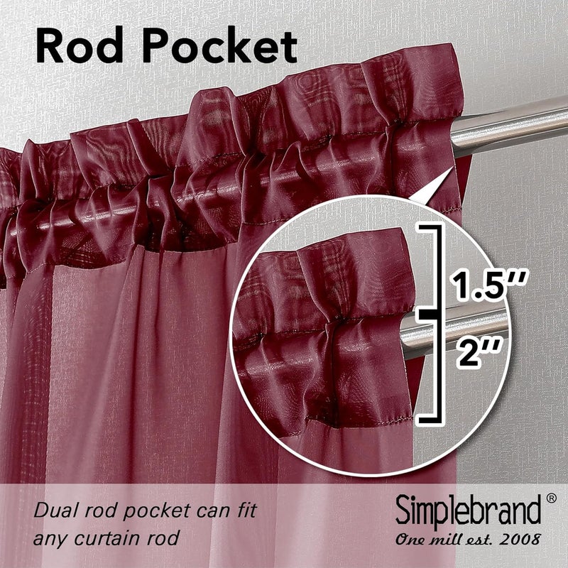 SimpleBrand Rod Pocket Top Solid Voile Sheer Curtains for Bedroom, 54 Inch Length Drapes Set of 2, Lightweight and Light Filtering Elegant Red Curtains Panels Window Treatment, 42W×54L, Burgundy - Image 4