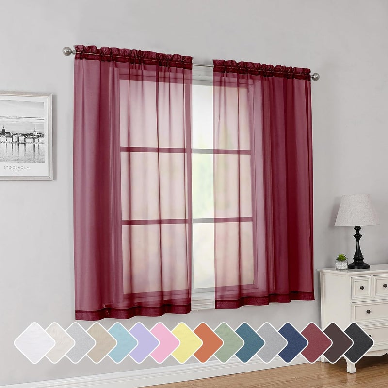 SimpleBrand Rod Pocket Top Solid Voile Sheer Curtains for Bedroom, 54 Inch Length Drapes Set of 2, Lightweight and Light Filtering Elegant Red Curtains Panels Window Treatment, 42W×54L, Burgundy - Image 1
