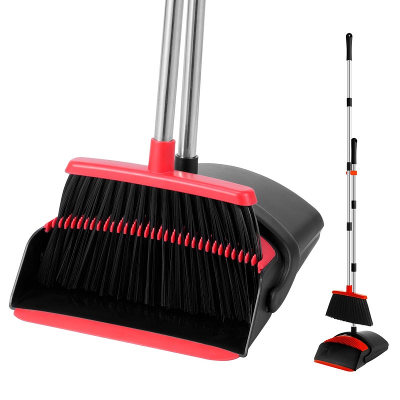 Bsklin Broom And Dustpan Set  House Brooms For Sweeping Indoor Collapsible Broom And Dust Pan Combo For Home Office Kitchen Lobby Floor Pet Hair Indoor&Outdoor Cleaning(Black And Red) - Image 1