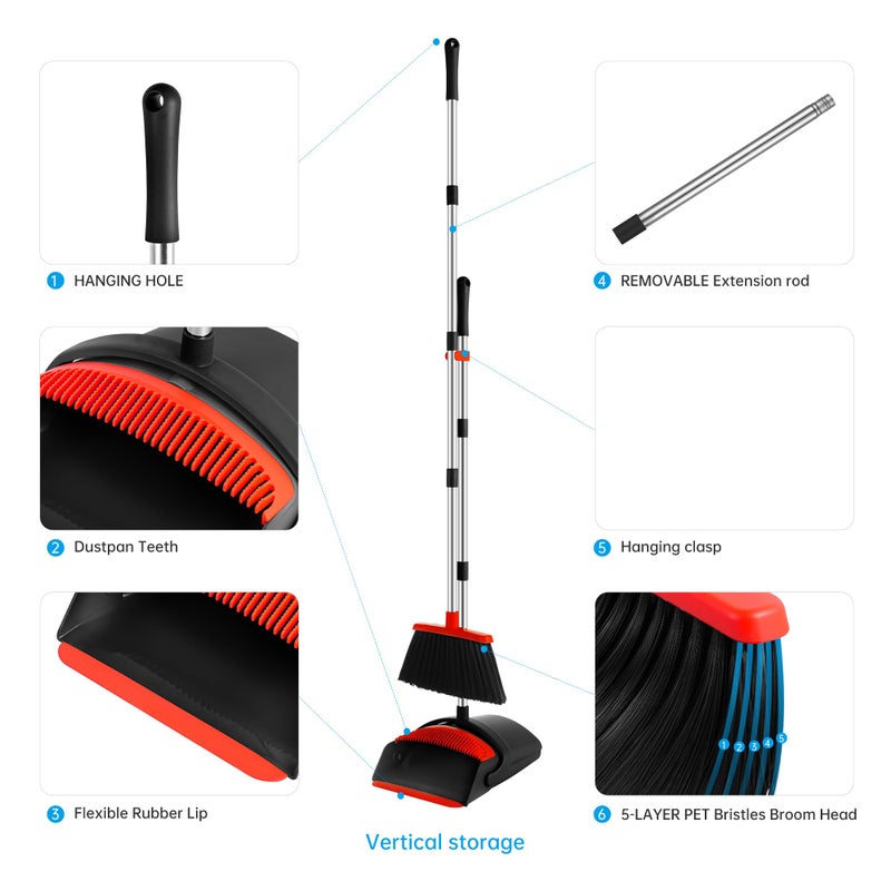 Bsklin Broom And Dustpan Set  House Brooms For Sweeping Indoor Collapsible Broom And Dust Pan Combo For Home Office Kitchen Lobby Floor Pet Hair Indoor&Outdoor Cleaning(Black And Red) - Image 3