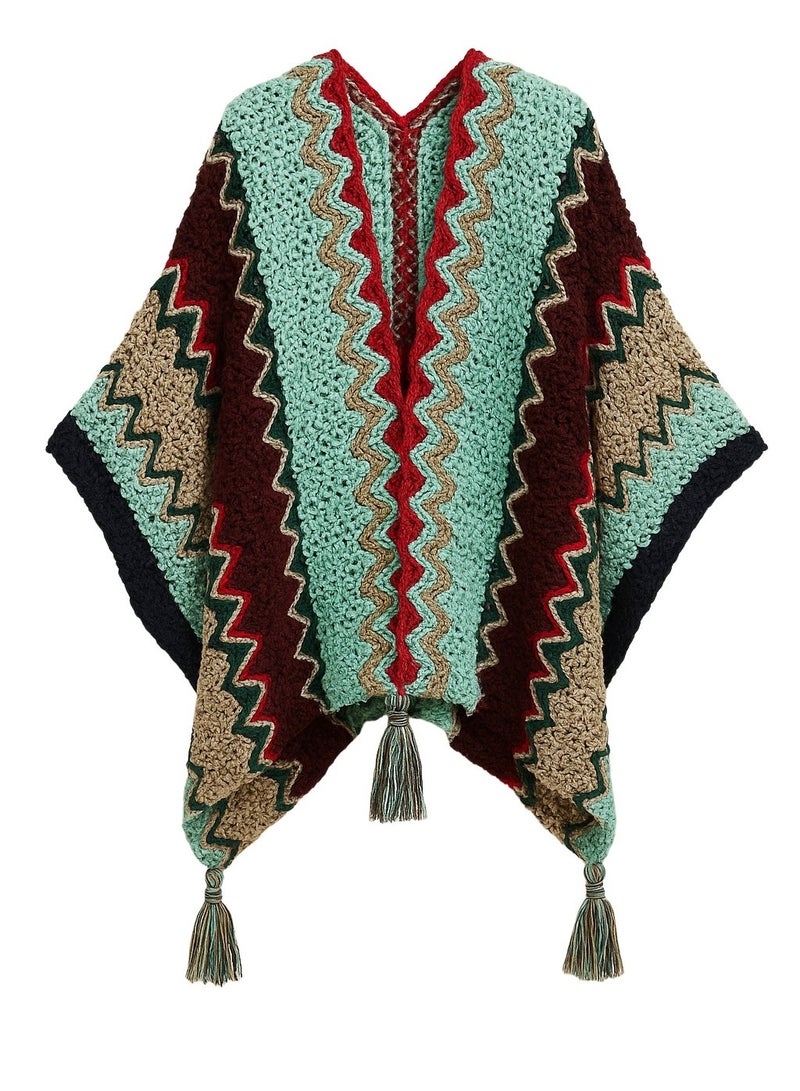 Fabienne Women’s Poncho Shawl Boho Zigzag Knit Wrap Open Front Warming Cardigan Sweater with Tassels Cyan - Image 1