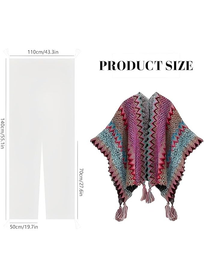 Fabienne Women’s Poncho Shawl Boho Zigzag Knit Wrap Open Front Warming Cardigan Sweater with Tassels Cyan - Image 2