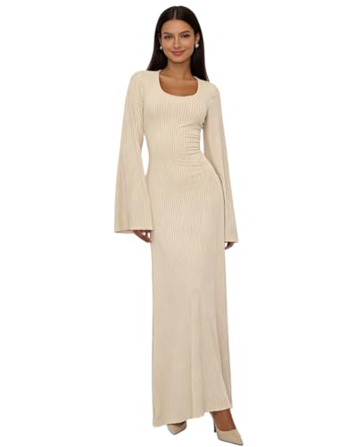 ZGMYC Women's Scoop Neck Lace Up Ribbed Maxi Dress Knit Flare Sleeve Bodycon Dress Loose Casual Long Dresses Apricot - Image 1