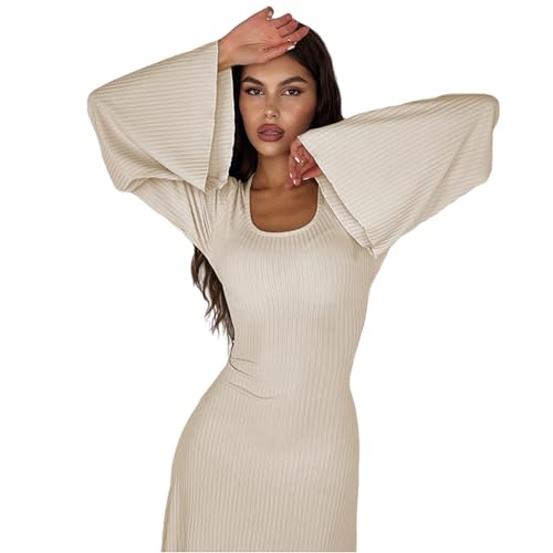 ZGMYC Women's Scoop Neck Lace Up Ribbed Maxi Dress Knit Flare Sleeve Bodycon Dress Loose Casual Long Dresses Apricot - Image 5