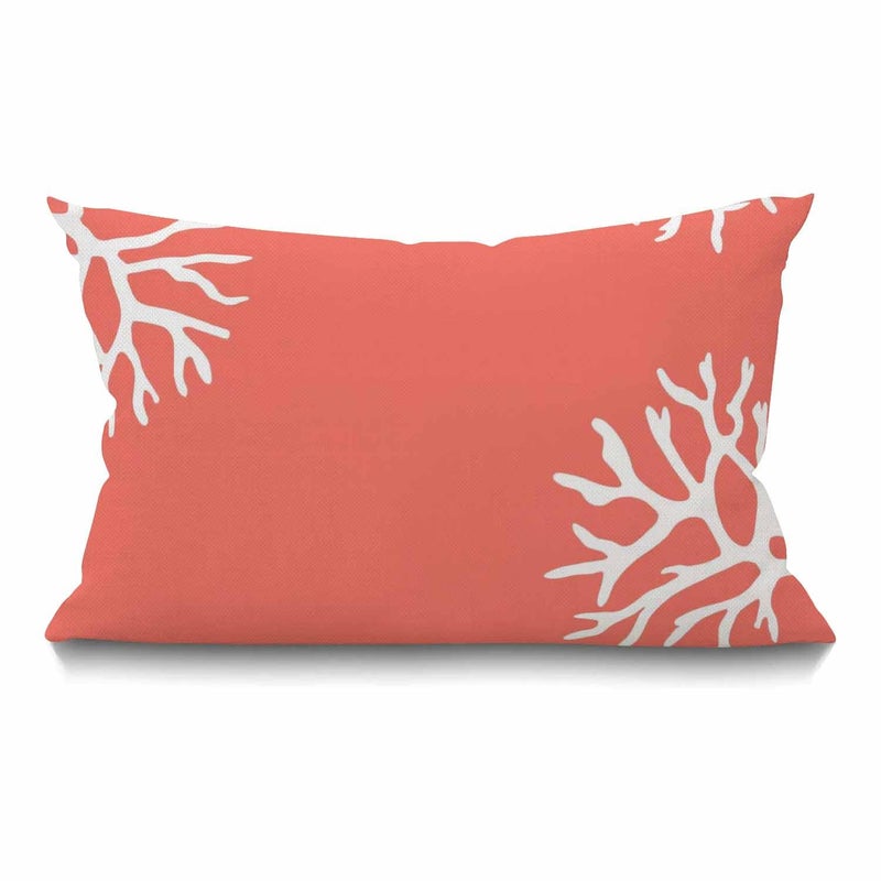 Smooffly Beach Coral Farmhouse Oblong Rectangle Throw Pillow Case Pretty Ocean Coral Pink Branch Reef Nature Red White Cotton Linen Cushion Cover Sofa Armchair Bedroom Livingroom 12x20 Inch