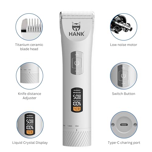 HANK Dog Hair Trimmer - Pet Hair Clipper - Grooming Kit - Titanium Blade - LCD Display - Cordless - 3 Speed Mode - Low Noise - Rechargeable Thick Hair Cutting Machine (New Hair Trimmer - White) - Image 2