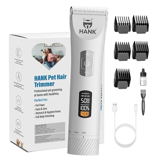HANK Dog Hair Trimmer - Pet Hair Clipper - Grooming Kit - Titanium Blade - LCD Display - Cordless - 3 Speed Mode - Low Noise - Rechargeable Thick Hair Cutting Machine (New Hair Trimmer - White) - Image 1