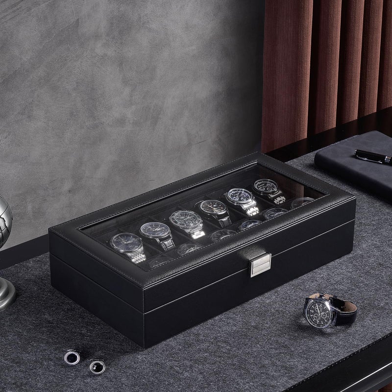 ProCase Watch Box Organizer, 14 Slot Watch Display Case With Glass Lid, Watch Storage Holder Mens Watch Case, Anniversary Birthday Valentine Gifts for Men Women -14 Slot, Allblack - Image 3