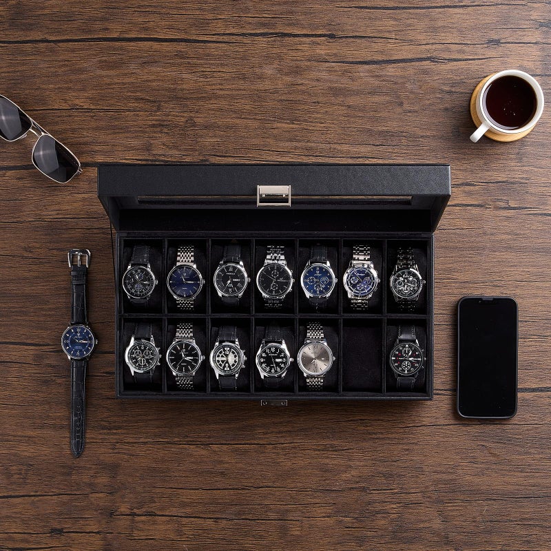 ProCase Watch Box Organizer, 14 Slot Watch Display Case With Glass Lid, Watch Storage Holder Mens Watch Case, Anniversary Birthday Valentine Gifts for Men Women -14 Slot, Allblack - Image 2
