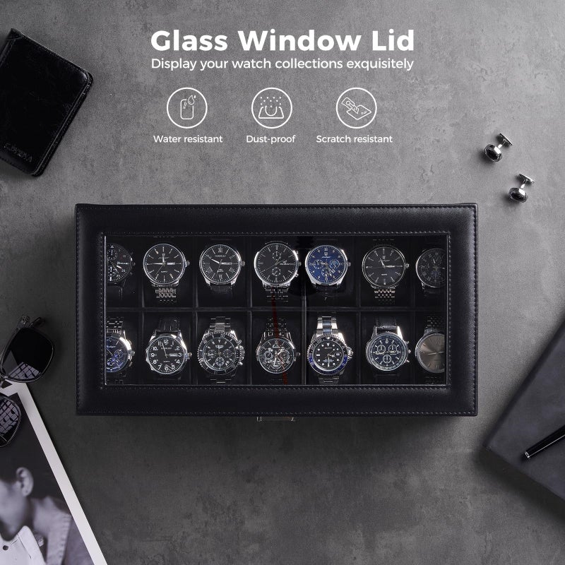 ProCase Watch Box Organizer, 14 Slot Watch Display Case With Glass Lid, Watch Storage Holder Mens Watch Case, Anniversary Birthday Valentine Gifts for Men Women -14 Slot, Allblack - Image 4