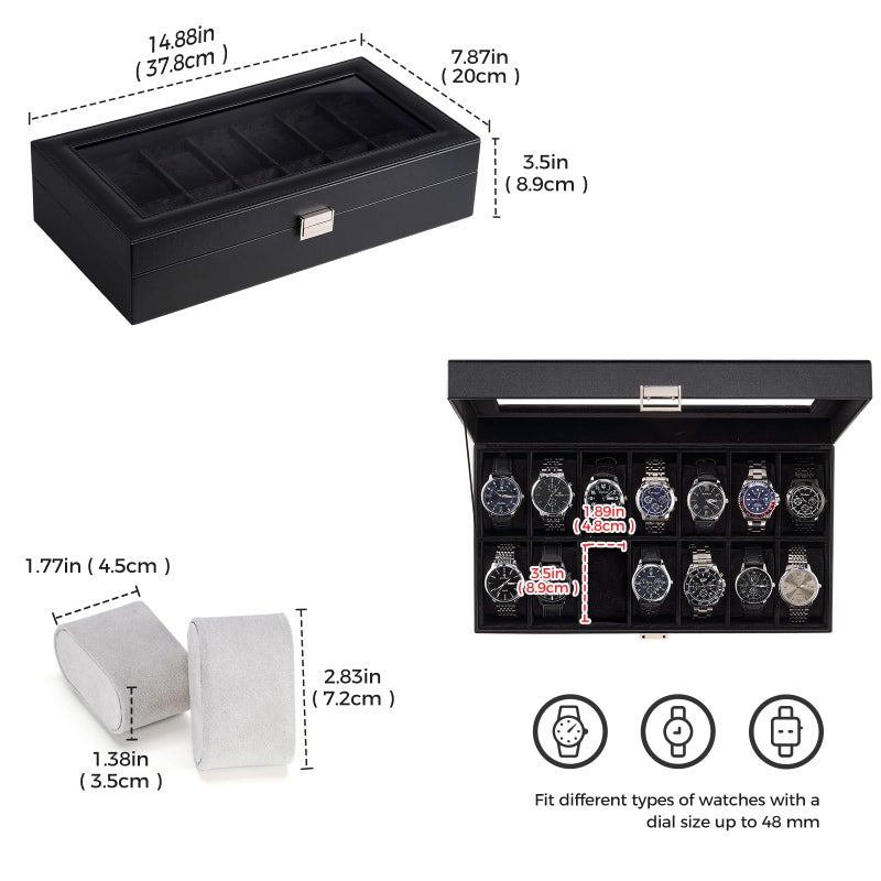 ProCase Watch Box Organizer, 14 Slot Watch Display Case With Glass Lid, Watch Storage Holder Mens Watch Case, Anniversary Birthday Valentine Gifts for Men Women -14 Slot, Allblack - Image 5
