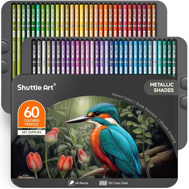 Shuttle Art 60 Metallic Colored Pencils, Colored Pencils for Adult Coloring, Soft Core Coloring Pencils in Gift Tin Box, Color Pencils for Kids Adults Beginners Artists Drawing Coloring Sketching - Image 1