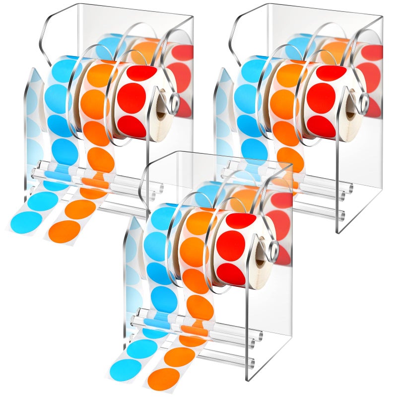 Geosar 3 Pcs Adjustable Label Dispenser 3 Disks Sticker Roll Holder Sticker Dispenser Clear Label Roll Holder Acrylic Tape Organizer Stand for Office Home Desktop - Image 2