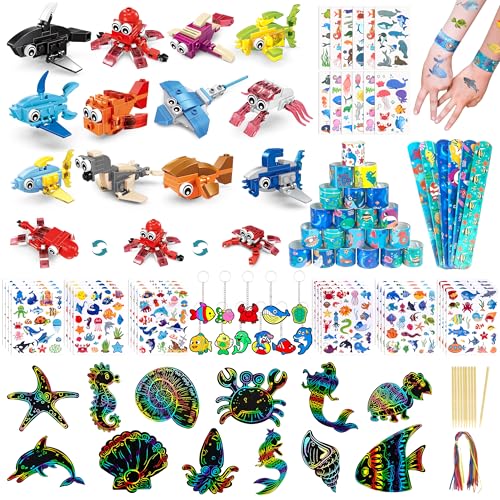 LINAYE 24 Packs Ocean Party Favors for Kids  144 Pcs Under The Sea Party Favors with Marine Animals Building Blocks Tattoo Stickers Sheets Slap Bracelets Goodie Bag Stuffers for Kids - Image 1