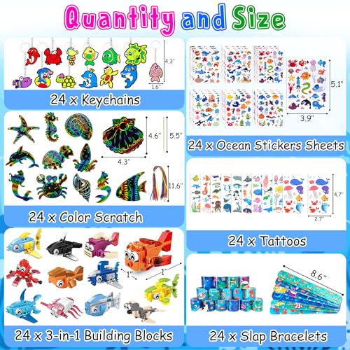 LINAYE 24 Packs Ocean Party Favors for Kids  144 Pcs Under The Sea Party Favors with Marine Animals Building Blocks Tattoo Stickers Sheets Slap Bracelets Goodie Bag Stuffers for Kids - Image 5