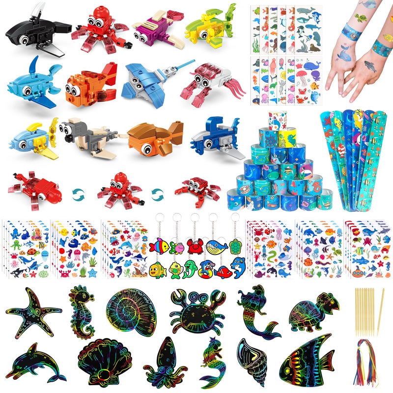 LINAYE 24 Packs Ocean Party Favors for Kids  144 Pcs Under The Sea Party Favors with Marine Animals Building Blocks Tattoo Stickers Sheets Slap Bracelets Goodie Bag Stuffers for Kids - Image 3