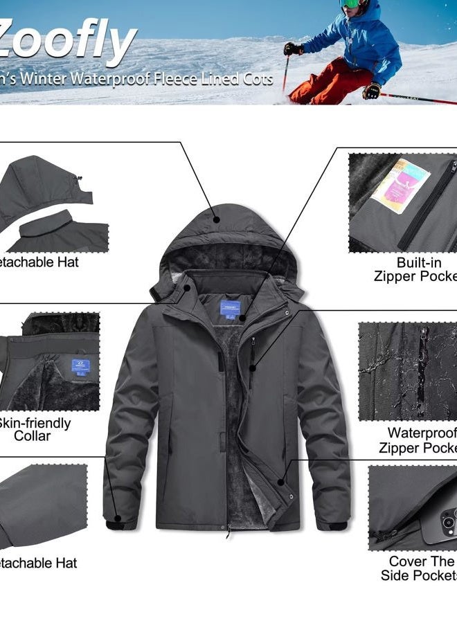 Zoofly Men's Mountain Ski Jacket Waterproof Fleece Liner Snow Coat Warm Winter Windproof Hooded Raincoat, Dark Grey, 3XL - Image 5