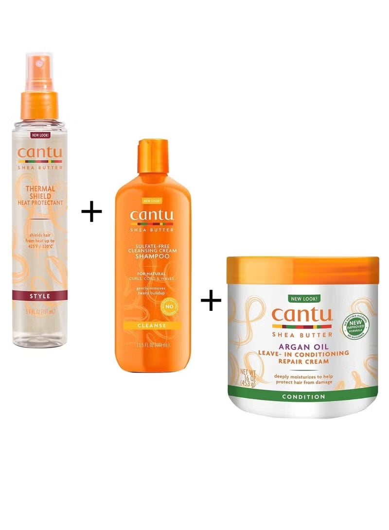 CANTO Argan Oil Leave-In Conditioning Repair Cream 453grams Shea Butter Cleansing Cream Shampoo 400ml Thermal Shield Heat Protectant Multicolour - Image 1