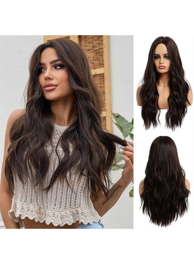 Esmee 24 Inches Long Wavy Black Brown Wigs Cosplay Costume Party Wig for Black Women Afro High Temperature Fiber Synthetic Hair Wigs - Image 1