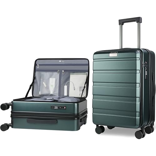 KROSER Carry On Luggage with Spinner Wheels & Built-in TSA Lock, Expandable Top Loading Hard Shell Suitcase Large Capacity Durable Rolling Luggage with USB Port, Carry-On 20-Inch, Dark Green - Image 1