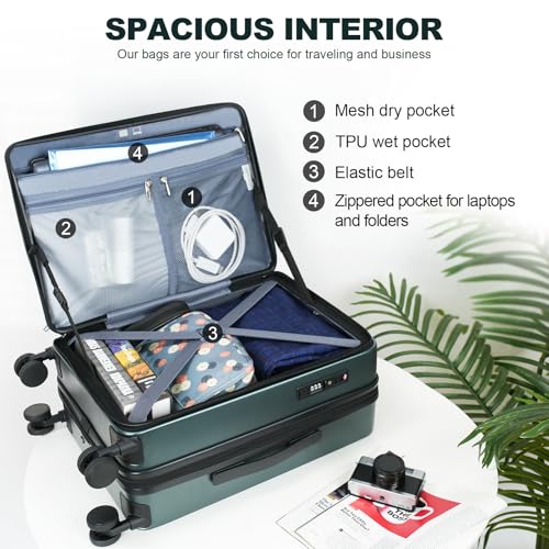KROSER Carry On Luggage with Spinner Wheels & Built-in TSA Lock, Expandable Top Loading Hard Shell Suitcase Large Capacity Durable Rolling Luggage with USB Port, Carry-On 20-Inch, Dark Green - Image 3