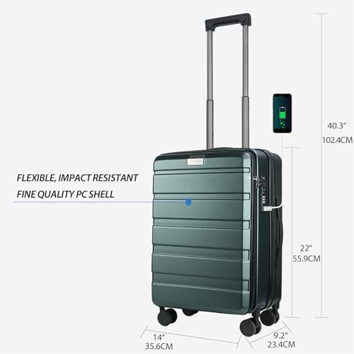 KROSER Carry On Luggage with Spinner Wheels & Built-in TSA Lock, Expandable Top Loading Hard Shell Suitcase Large Capacity Durable Rolling Luggage with USB Port, Carry-On 20-Inch, Dark Green - Image 2