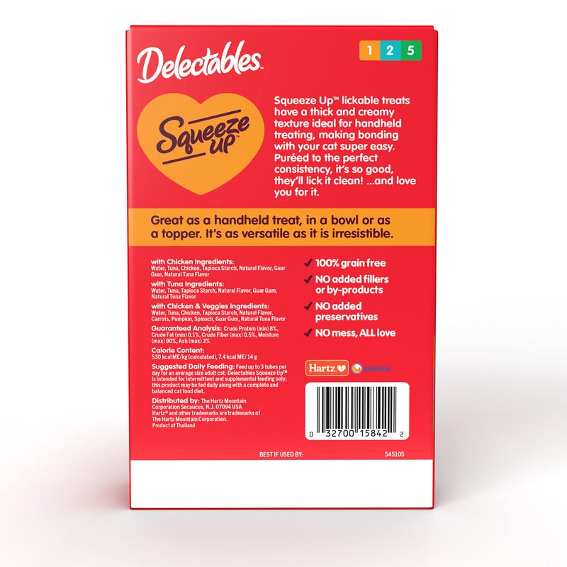 Hartz Delectables Squeeze Up Variety Pack, Creamy Squeezable Puree, Lickable Wet Cat Treats, Grain Free, No Added Fillers, No by-Products, No Added Preservatives, 0.5 Ounces Tube, 20 Tubes Total - Image 3