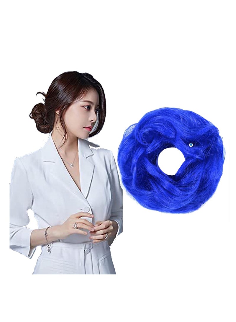 إستيل كعكة شعر فوضوية مع شريط مطاطي مرن وصلات شعر على شكل ذيل حصان أوبدو شينيون دونات على شكل ذيل حصان، شعر صناعي أشعث للنساء (اللون رقم BLUE2) - Image 2