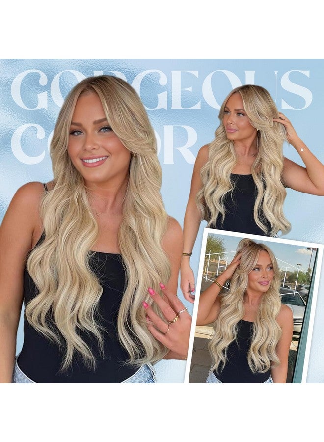 ليدي ميراندا باروكة أشقر طويلة ومموجة بلون أشقر أومبري، باروكة مموجة مجعدة بجزء وسطي للنساء، باروكة أشقر طويلة بمظهر طبيعي، باروكة صناعية بلون أشقر أومبري، شعر يومي مموج طبيعي (أشقر أومبري)