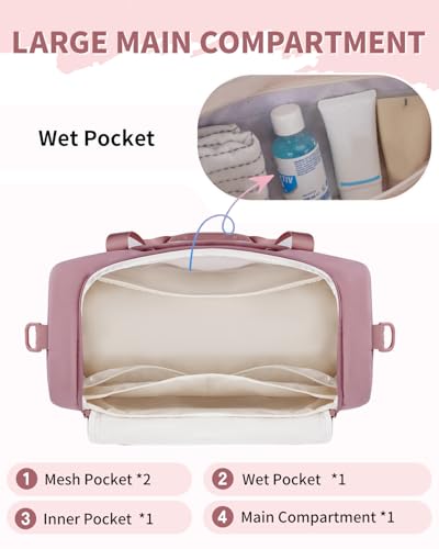 WANDF Travel Duffel Bag with Wet Pocket & Shoe Compartment, 18x14x8 Personal Item Bag with USB Charging Port, Water-Resistant Gym Weekender Overnight Carry-on for Women Men (Pink) - Image 4