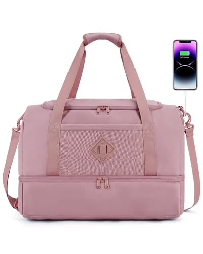 WANDF Travel Duffel Bag with Wet Pocket & Shoe Compartment, 18x14x8 Personal Item Bag with USB Charging Port, Water-Resistant Gym Weekender Overnight Carry-on for Women Men (Pink) - Image 1