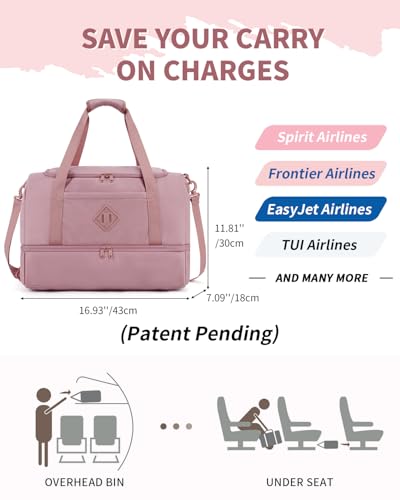 WANDF Travel Duffel Bag with Wet Pocket & Shoe Compartment, 18x14x8 Personal Item Bag with USB Charging Port, Water-Resistant Gym Weekender Overnight Carry-on for Women Men (Pink) - Image 2
