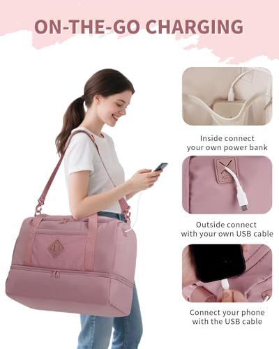 WANDF Travel Duffel Bag with Wet Pocket & Shoe Compartment, 18x14x8 Personal Item Bag with USB Charging Port, Water-Resistant Gym Weekender Overnight Carry-on for Women Men (Pink) - Image 5