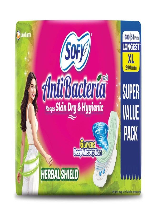 Sofy AntiBacteria XL - 290mm | 51 Count pads | For Women Sanitary Pads | Keep Skin Dry | 6 Layer Deep Absorption | Herbal Shield | Hygiene & Herbs | X-Large - Image 1