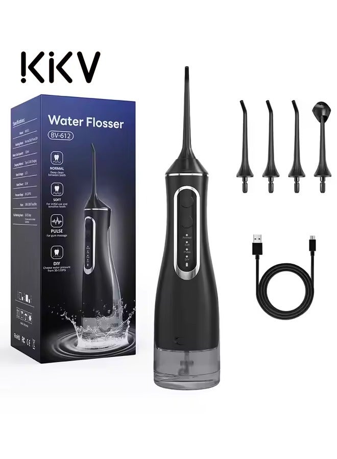 كيلو كيلو فولت جهاز تنظيف الأسنان بالماء اللاسلكي سعة 320 مل، جهاز تنظيف الأسنان المحمول، 4 أوضاع تنظيف و4 رؤوس نفث، مقاوم للماء بدرجة IPX8 - أسود - Image 1