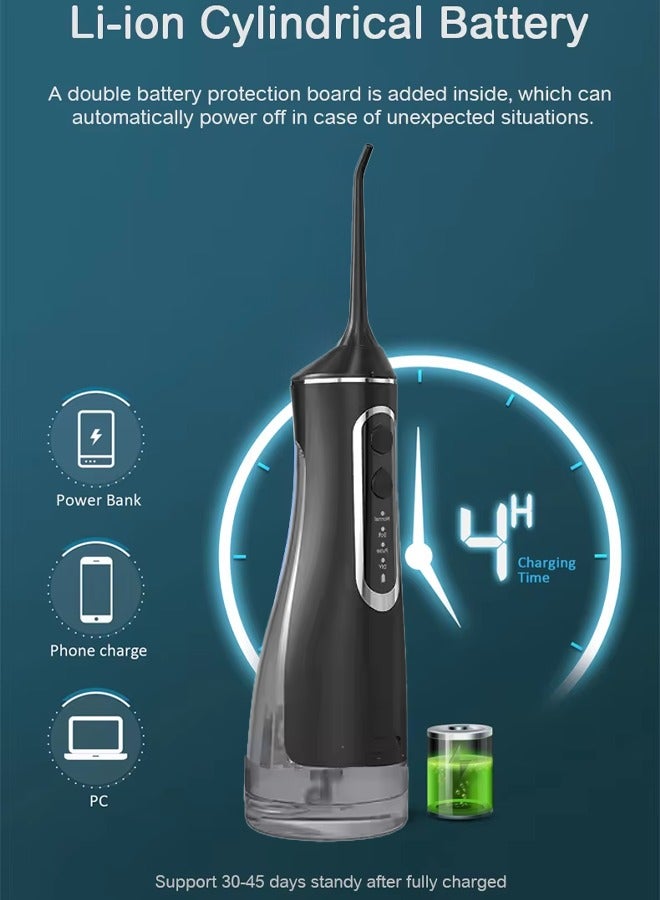 كيلو كيلو فولت جهاز تنظيف الأسنان بالماء اللاسلكي سعة 320 مل، جهاز تنظيف الأسنان المحمول، 4 أوضاع تنظيف و4 رؤوس نفث، مقاوم للماء بدرجة IPX8 - أسود - Image 5