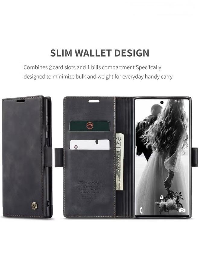 جراب لهاتف Samsung Galaxy S23 Ultra، جراب محفظة من الجلد الفاخر، جراب محفظة من الجلد بتصميم كلاسيكي مع فتحة للبطاقات وغطاء قابل للطي مغناطيسي باللون الأسود - Image 5