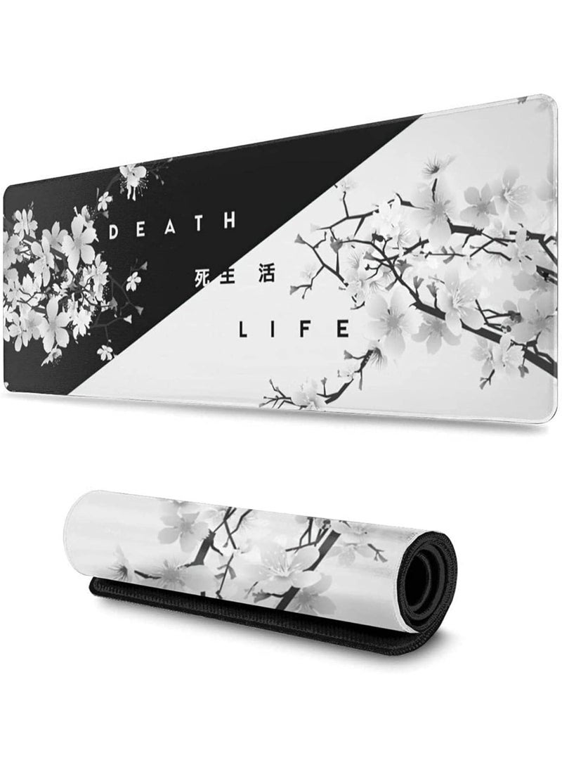 Gaming Mouse Pad Black and White Cherry Blossom, Extended Large Mouse Mat Desk Pad, Stitched Edges Mousepad, Long Non-Slip Rubber Base Mice Pad - Image 1