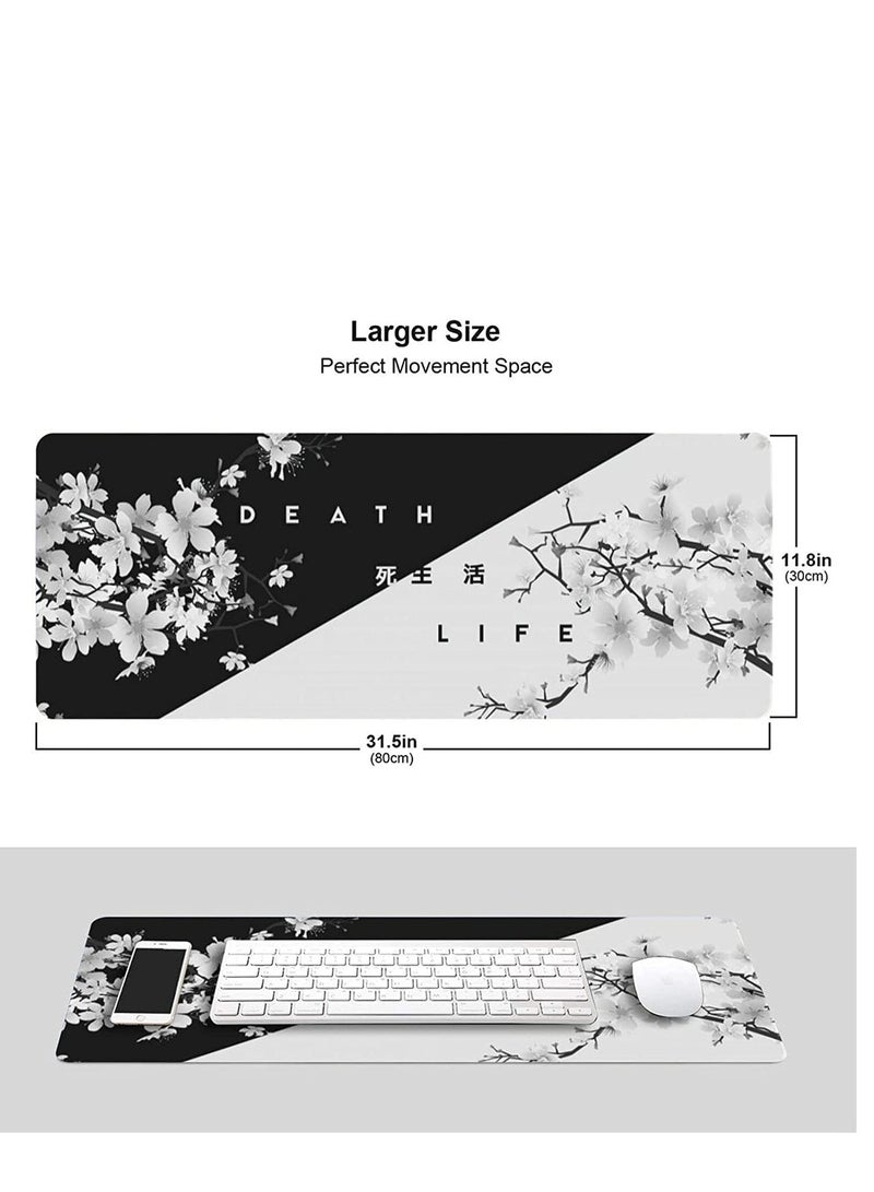Gaming Mouse Pad Black and White Cherry Blossom, Extended Large Mouse Mat Desk Pad, Stitched Edges Mousepad, Long Non-Slip Rubber Base Mice Pad - Image 2