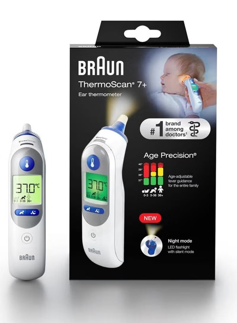 Braun ThermoScan 7+ IRT 6525 Healthcare Ear Thermometer with Age Precision and Color Coded Display, Temperature Screening, Fever, Fast Easy to Use and Night Mode - White - Image 1