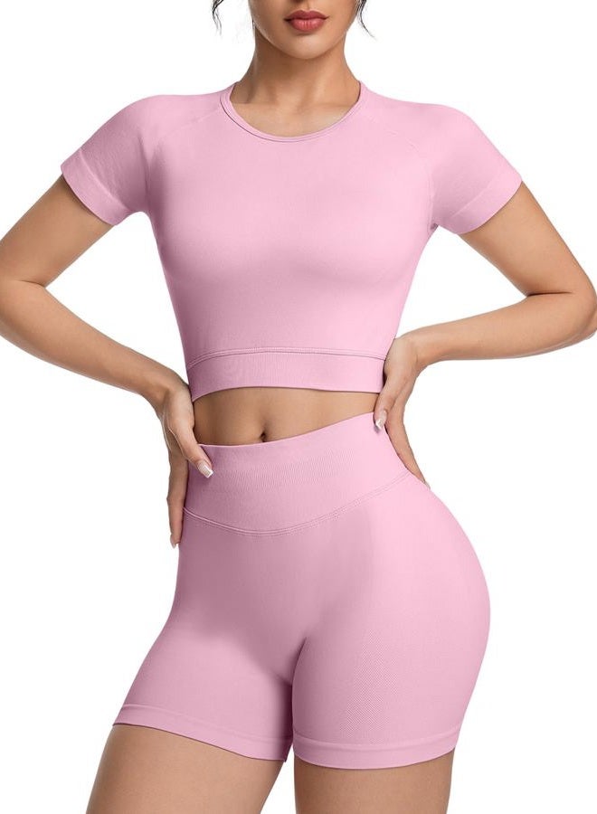 OVESPORT 2 Piece Workout Sets for Women Impact Crop Top Shirts and Seamless Gym Shorts Outfits, Pink, L - Image 1