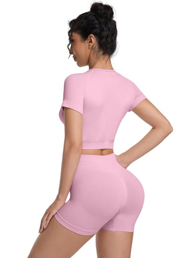 OVESPORT 2 Piece Workout Sets for Women Impact Crop Top Shirts and Seamless Gym Shorts Outfits, Pink, L - Image 2