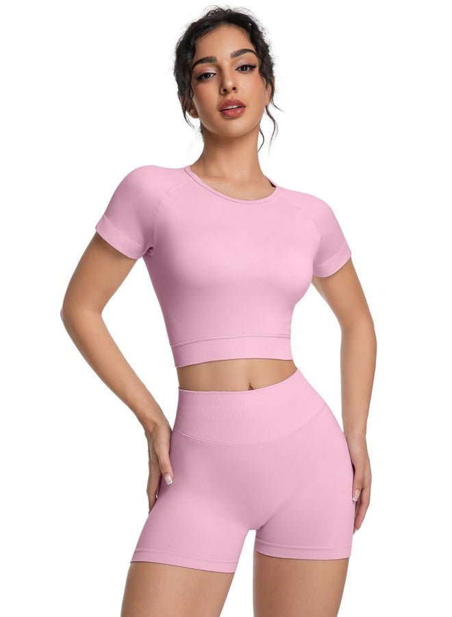 OVESPORT 2 Piece Workout Sets for Women Impact Crop Top Shirts and Seamless Gym Shorts Outfits, Pink, L - Image 3