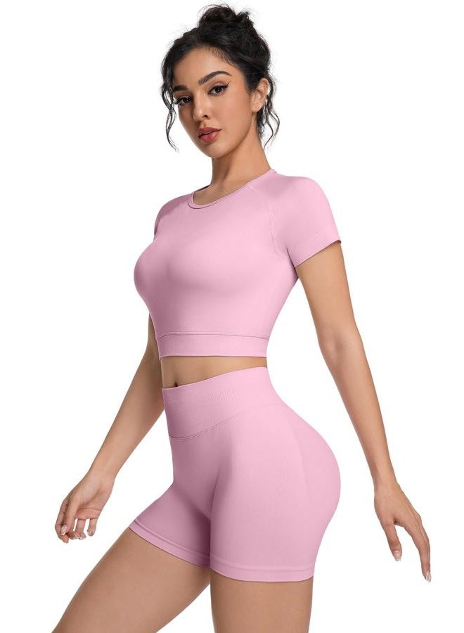 OVESPORT 2 Piece Workout Sets for Women Impact Crop Top Shirts and Seamless Gym Shorts Outfits, Pink, L - Image 4