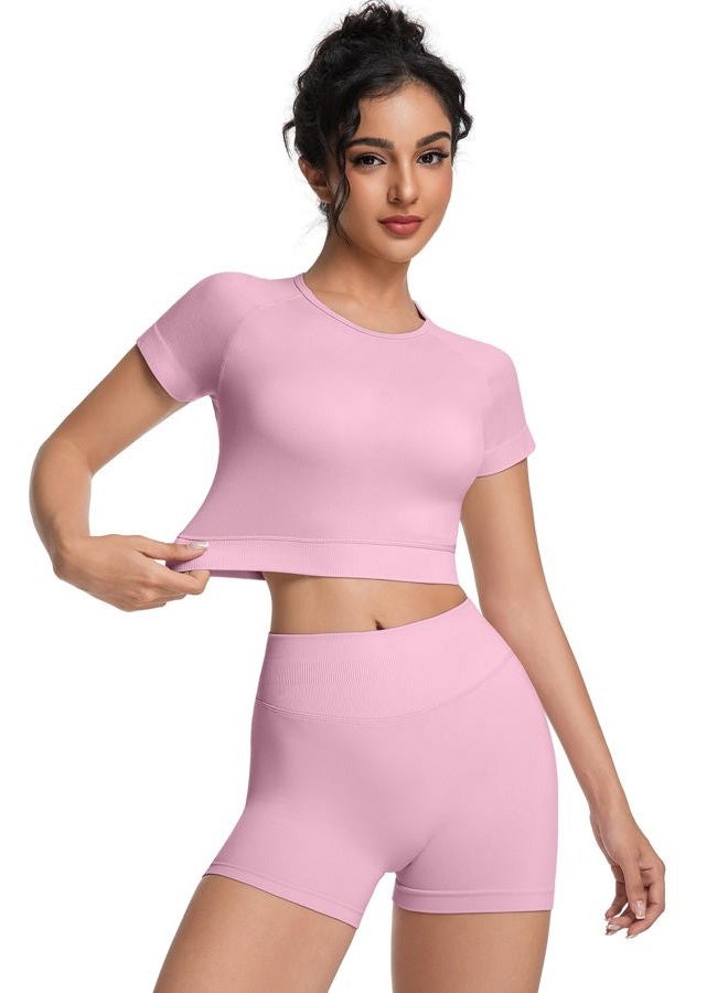 OVESPORT 2 Piece Workout Sets for Women Impact Crop Top Shirts and Seamless Gym Shorts Outfits, Pink, L - Image 5