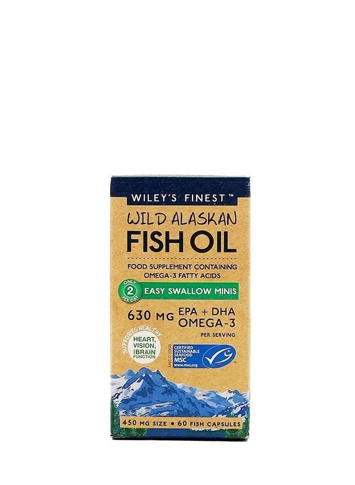 Wiley's Finest Wild Alaskan Easy Swallow Minis 630 mg EPA plus DHA Omega 3 Support Hearth Vision Brain Function 60 Capsule